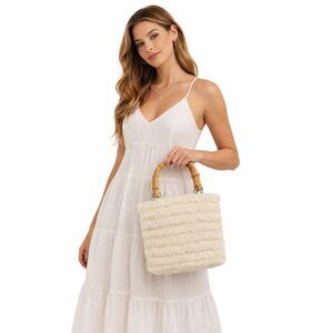 Vintage Style Cream Woven Bamboo Handle Bag Textured Resort Vacation Handbag